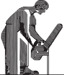 Minimalist black-and-white line art of a carpenter with a saw, continuous and abstract.