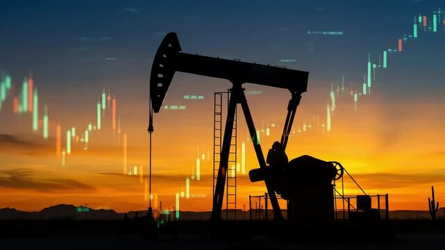 Oil pump jack silhouetted against sunset sky overlaid with stock market candlesticks