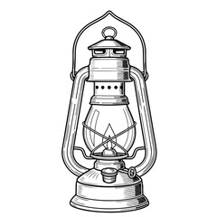 A Vintage Kerosene Lantern Illustration a Hand Drawn Antique Oil Lamp Sketch in Black and White on White Background
