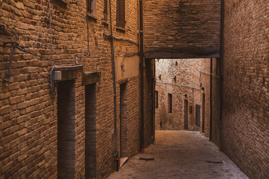 The traditional narrow medieval streets in Corinaldo, considered one of the most beautiful in Italy