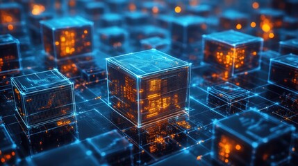 Distributed ledger technology visualized in stacked 3D blocks showing consensus mechanism, node validation, and decentralized transaction structure