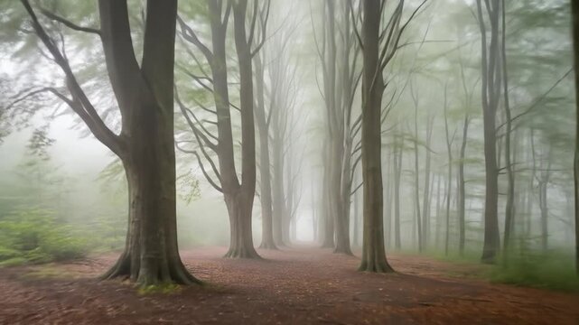 Misty Forest Path with Tall Trees and Atmospheric Light in Autumnal Scene
