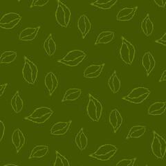 A seamless vector pattern of sketch-style green leaves with rough outlines, perfect for eco-friendly packaging, organic branding, herbal backgrounds, and botanical-themed designs.