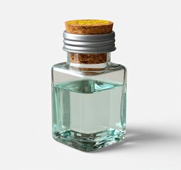 Artistic rendering of glass bottle with silver cap indoor studio still life minimalist design

