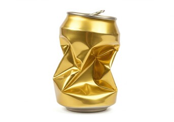 Shiny gold crushed soda can with open tab isolated on white background