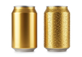 Two golden aluminum beverage cans with condensation isolated on white background
