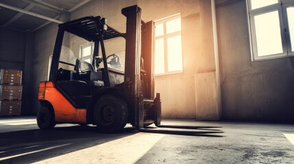 Industrial forklift loading pallets in open warehouse space, highlighted by sunlight and steel textures