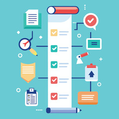 An illustrative strategy roadmap featuring a checklist document with completed tasks and positive confirmations.