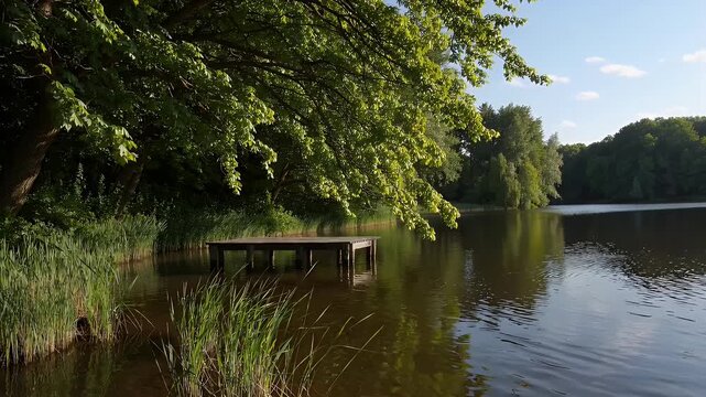 calm summer lake surrounded by lush mixed forest with overhanging branches and old pier evokes nostalgic memories of tranquil vacations ideal for nature reflections outdoor leisure or lakeside