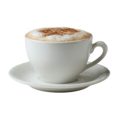 Obraz premium A beautifully crafted cappuccino served in a classic white cup, showcasing a creamy froth topped with a sprinkle of cocoa on a matching saucer.
