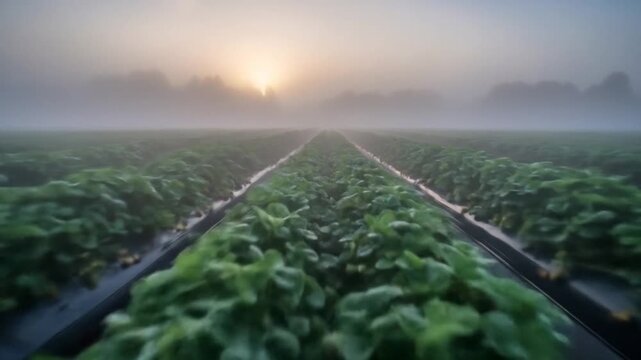 Strawberry Field Sunrise: Foggy Morning Harvest with Rows of Green Plants and Emerging Sun