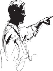 Minimalist continuous line art of a teacher pointing at a blackboard, abstract and black-and-white only.