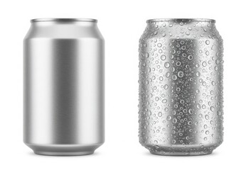 Two silver beverage cans one plain and one covered in water droplets isolated on white background