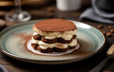 Delicious Tiramisu Slice on Ceramic Plate in Cozy Kitchen Setting