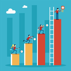 Conceptual illustration depicting individuals on different stages of the sales target and progress tracking with the star icon.