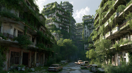 Fototapeta premium An overgrown city shows post apocalyptic ruins and nature reclaiming it