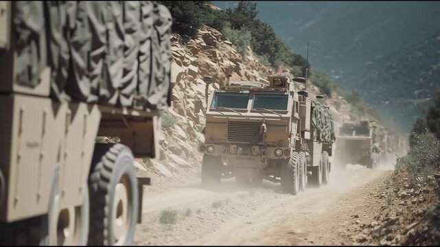 Military vehicles travel along a dusty mountain path, transporting crucial supplies through challenging conditions in an operation that showcases logistical capabilities