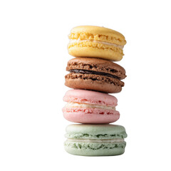 A colorful stack of macarons featuring yellow, brown, pink, and green flavors against a white isolated background, showcasing their delicate textures and vibrant colors.