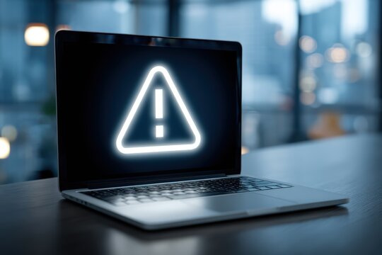 Laptop screen displaying white warning sign with exclamation mark. System alert concept in office environment with minimalist design.