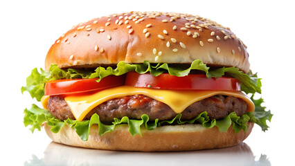 A delicious cheeseburger with fresh lettuce, tomato, and sesame seed bun tempts taste buds against a transparent background.