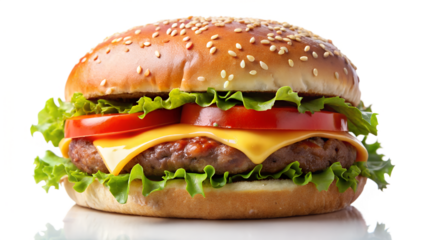 A delicious cheeseburger with fresh lettuce, tomato, and sesame seed bun tempts taste buds against a transparent background.