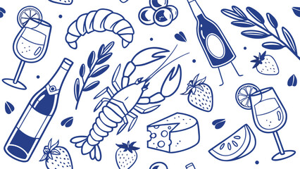 Seamless pattern of french food and drink elements in blue outline style