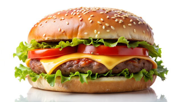 A delicious cheeseburger with fresh lettuce, tomato, and sesame seed bun tempts taste buds against a transparent background.