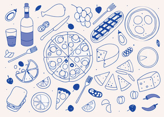 Hand drawn doodle illustration of food and drink items on a white background