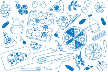 Drawn italian food elements including pizza slices and whole pies