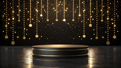 Elegant black podium with golden lights and confetti for a luxurious award ceremony
