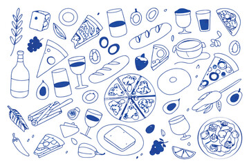 Hand drawn doodle illustration of food and drink items on a white background
