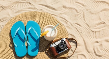 Top View of Beach Essentials: Straw Hat, Blue Flip Flops, Coconut Drink, & Vintage Camera on Sand