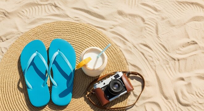 Top View of Beach Essentials: Straw Hat, Blue Flip Flops, Coconut Drink, & Vintage Camera on Sand