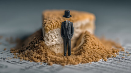 Employee birthday small office party, small headless employee figure suit stands near birthday cake office party setting with