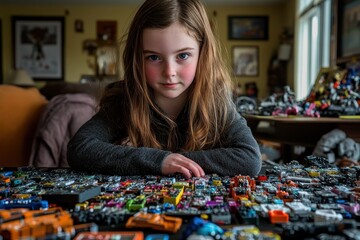 Fototapeta premium Young Girl Engaged in Creative Play with Colorful Toy Cars