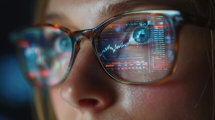 Woman's intense gaze reflects stock market analysis, displaying concentration on the financial data through glasses.