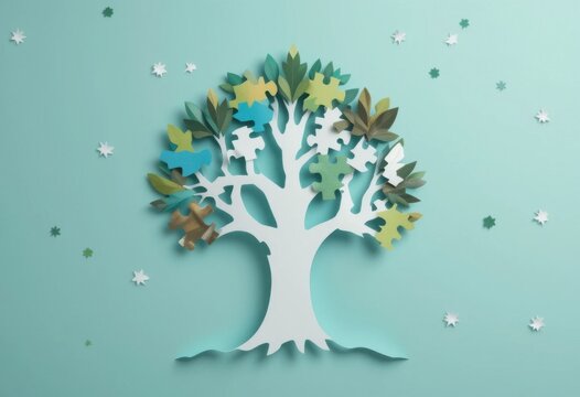 Un &aacute;rbol de papel que crece a partir de piezas de un rompecabezas ensambladas, lo que representa el crecimiento colaborativo y los logros compartidos