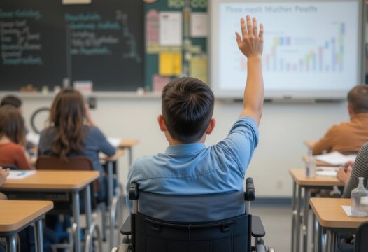 Estudiante en silla de ruedas, levantando la mano con confianza durante una lecci&oacute;n de matem&aacute;ticas en el aula
