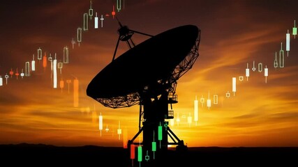 Silhouette of a satellite dish with overlaid stock market candle charts against a sunset sky - Powered by Adobe