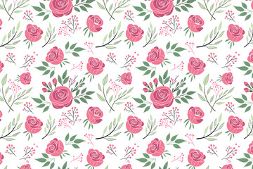 Seamless pattern of pink roses and green leaves on a white background