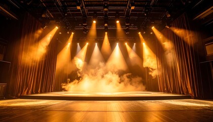 Empty stage lit by spotlights, golden haze