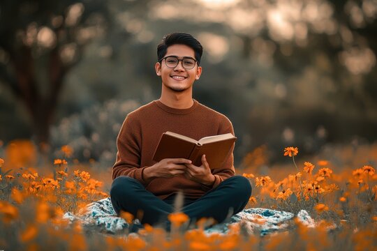 Young Man Reading Book in Flower Field During Beautiful Sunset