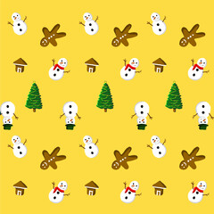 Obraz premium Festive Seamless Pattern with Snowmen, Gingerbread Figures, Trees, and Cozy Cabins