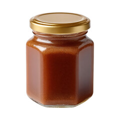 A glass jar filled with rich, brown substance, featuring a shiny gold lid. Perfect for showcasing homemade bliss or natural ingredients on a white isolated background.