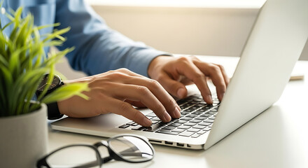 Person typing on laptop with eyeglasses and plant keyboard
