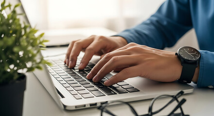 Person typing on laptop with plant and glasses keyboard hands