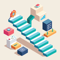 Isometric illustration depicting a strategic strategy roadmap and operational process for achieving success and goals
