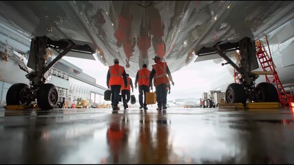 Aircraft maintenance crew members donning safety vests move carefully across a gleaming hangar floor, performing essential duties to ensure flight safety