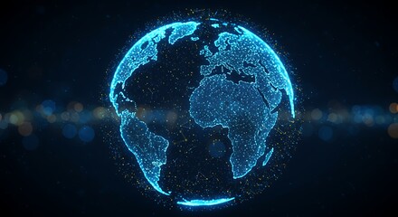 Blue digital globe with interconnected dots on dark background