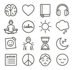 Fototapeta premium Mental wellness icon collection. simple line icons. brain, meditation, book, calm, sun, thought vector icons.
